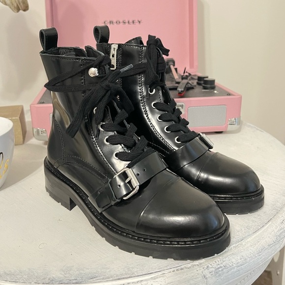 NEW AllSaints Lace Up Heeled Leather Boots with Buckle - Picture 1 of 6